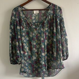 Pins and Needles Floral Boho Blouse M Sheer Peasant Top